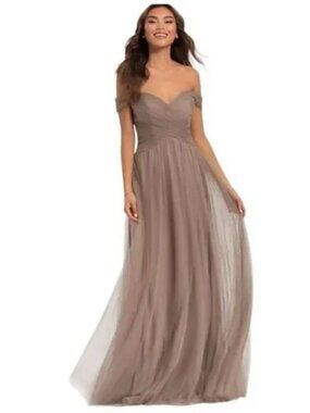 Kleinfeld Off-Shoulder Taupe Maxi Gown with Sweetheart Neckline